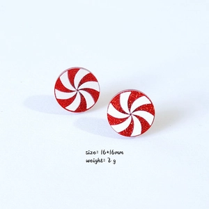 Sweet red and white striped candy cane stud earrings with fine glitter and 16mm size
