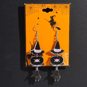 Halloween wooden earrings featuring witch hats and cauldrons on a themed card