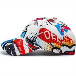 Streetwear baseball cap with vibrant comic graffiti embroidery in red and blue print