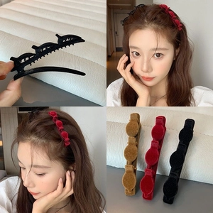 Collage of flocked braided hair clips in brown, red, and black on model and close-up