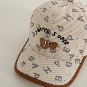 Kids corduroy baseball cap with elephant embroidery and letter print in beige and brown