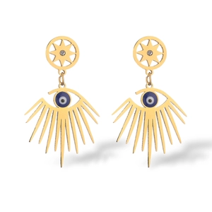 Gold evil eye dangle earrings with blue enamel pupils and sparkling star studs