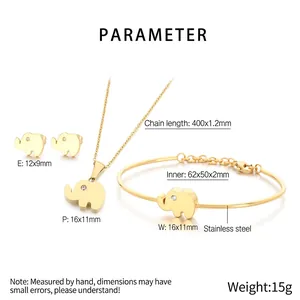 Detailed size parameters of gold elephant jewelry set with crystal earrings and necklace