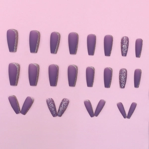 Grape purple matte press-on nails with silver glitter in medium coffin shape set