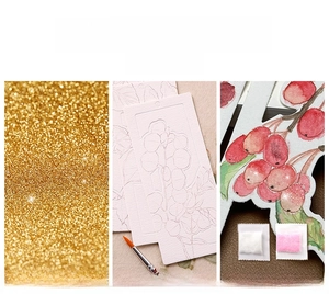 Macro detail of thick textured watercolor bookmark with glitter film and sparkle powder