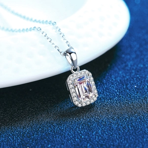 Radiant cut moissanite pendant necklace in S925 sterling silver with halo diamonds