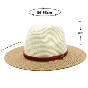 Detailed view of bicolor straw Panama hat with size measurements and gold M buckle