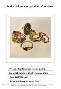 Detail view of 18K gold plated stainless steel rings set featuring natural green stones