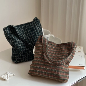Vintage Plaid Underarm Bag Wool Tweed Mini Handbag Retro Autumn Winter Small Square Purse For Women