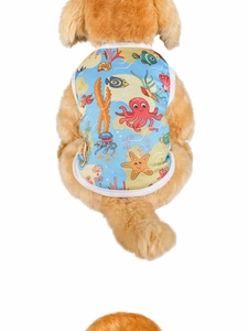 Blue dog vest with colorful sea creatures like octopus and starfish on white background