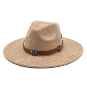 Faux suede western cowboy hat with turquoise beads on leather band, khaki cattleman crown