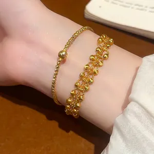 24K gold plated geometric bead bracelets set with textured charm in luxury style