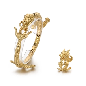 Golden stainless steel dragon totem bracelet and ring set with detailed dragon scales