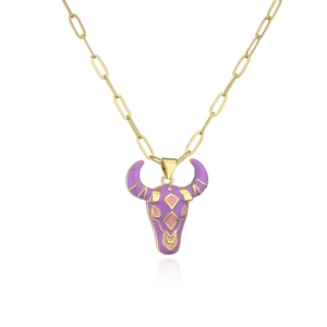 18K gold plated paperclip chain necklace with a purple enamel bull head pendant