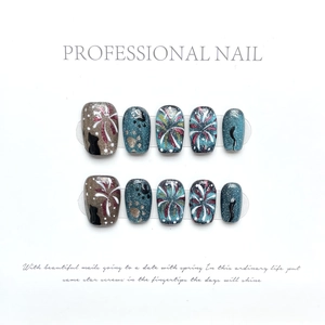 Handmade fireworks cat eye press-on nails with star and moon patterns 10pcs set