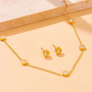 Gold-plated stainless steel jewelry set with Roman numeral round pendants and crystals