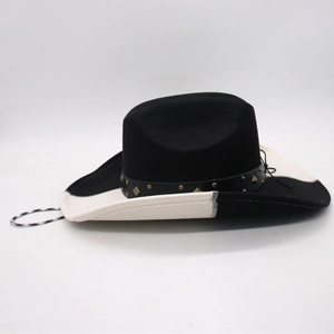 Two-tone western cowboy hat in black and white with studded leather band and chin strap