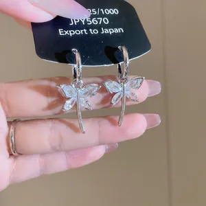 Sparkling zircon butterfly and dragonfly drop earrings in 925 silver finish