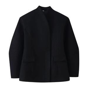 Women black short wool coat with stand collar and flap pockets on white background