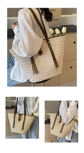 Three-way split view of a beige woven straw tote bag styled on a female model
