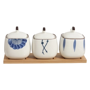 Japanese ceramic seasoning jar set with blue patterns and bamboo tray for spices