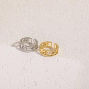 Star and moon evil eye zircon open rings in gold and silver finish with crystal inlay