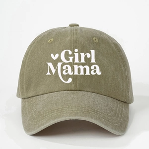 Washed olive green baseball cap featuring Girl Mama print and heart icon design