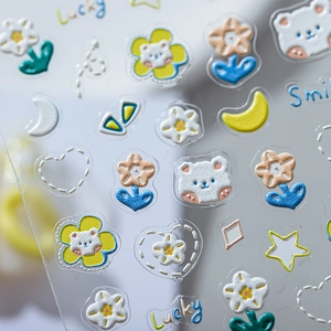 Pegatinas de uñas con relieve de osos, margaritas y estrellas en adhesivo transparente