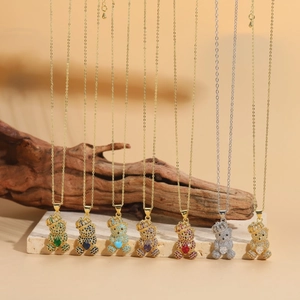 Collier Pendentif Ours Cuivre Zircon Couronne Coeur Pavé Strass Bijoux Pour Femmes Cadeau