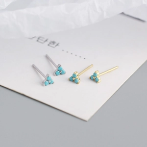 Minimalist S925 sterling silver clover stud earrings with tiny blue stones and zircon