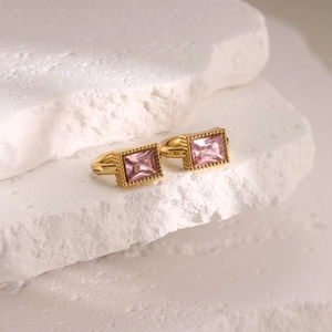 Polished 18K gold plated hoop earrings with rectangular pink zircon gemstones