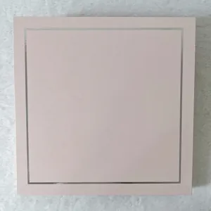 Overhead view of a minimalist pink square gift box with silver trim on plush background