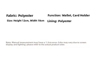 Detailed size specifications for 12x10cm polyester card holder and coin wallet