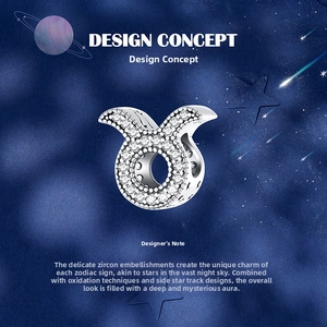 Detail of s925 silver Taurus zodiac charm with pavé cubic zirconia and vintage finish