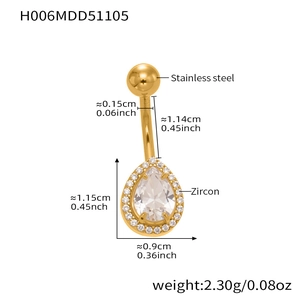 Detailed size specifications of gold-plated pear-shaped zircon navel ring with dimensions