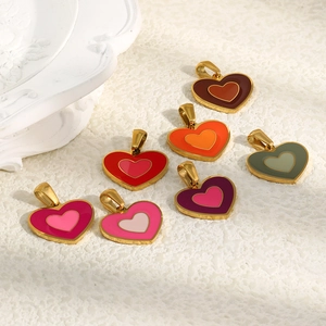 Set of 7 colorful 18K gold plated stainless steel heart charms with enamel inlay