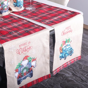 Chemin de table de Noël à carreaux rouges, camion bleu et nain, longueur 180 cm