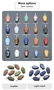 Detailed close-up of mini coffin-shaped natural crystal pendants with silver metal clasps