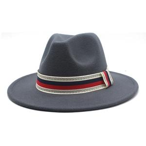 Classic dark grey wool fedora hat with a colorful Greek fret pattern decorative band