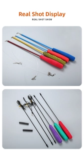 Detail of telescopic pet wands with multi-colored foam handles and durable hanging hooks