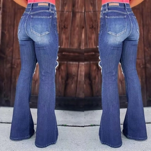 High waist flared denim jeans in deep blue with distressed details and vintage wash style