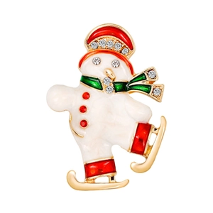 Detailed view of skating snowman Christmas brooch with red enamel and sparkling rhinestones