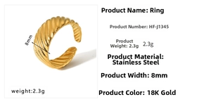 Detailed view of 8mm 18k gold stainless steel ring with spiral wave texture and specs