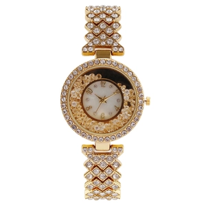 Fashion women's gold quartz watch with sparkling rhinestones and floating gold beads