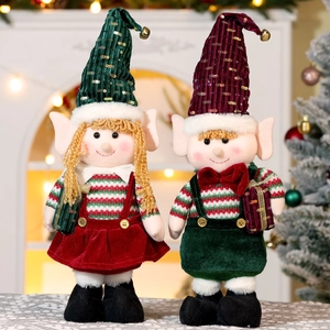 Christmas Elf Dolls Standing Ornaments Velvet Knitted Fabric With Sequins Metal Bell For Holiday Home Desktop Decor