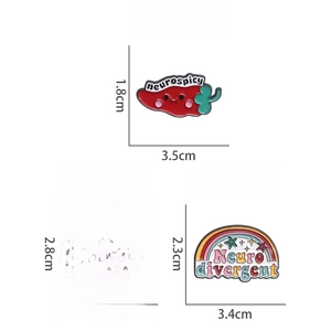 Detailed size and weight guide for rainbow, chili, and brain enamel lapel pins