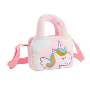 Detail of plush unicorn shoulder bag with colorful faux fur and glitter embroidery