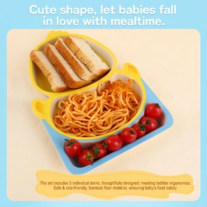 5-piece yellow duck bamboo fiber divided kids plate set with cute ergonomic design