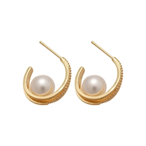 C-shaped gold-plated earrings with pave-set cubic zirconia and round white pearls
