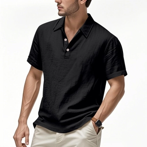 Polo décontracté pour homme en lin noir à manches courtes avec col boutonné et texture lin